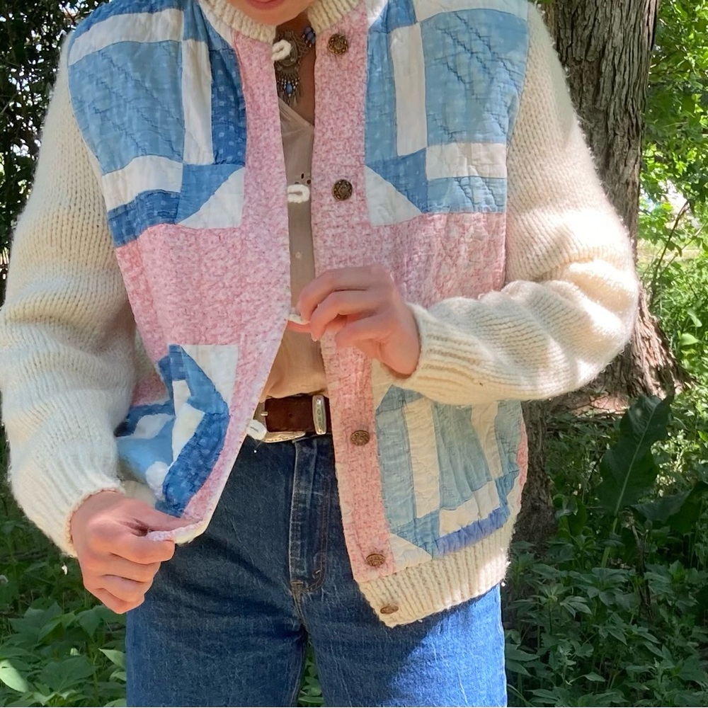 Vintage Quilted Patchwork Cardigan - Cream, Blue, Pink